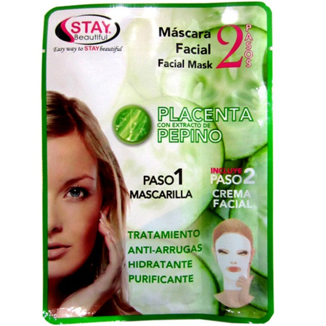 STAY BEAUTIFUL MASCARILLA FACIAL PLACENTA CON EXTRACTO DE PEPINO TRATAMIENTO ANTI-ARRUGAS HIDRATANTE PURIFICANTE